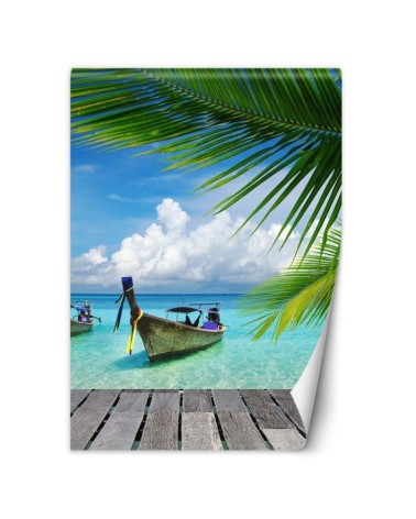 Exotic wall murals - Boat tropical palm tree beach | FEEBY