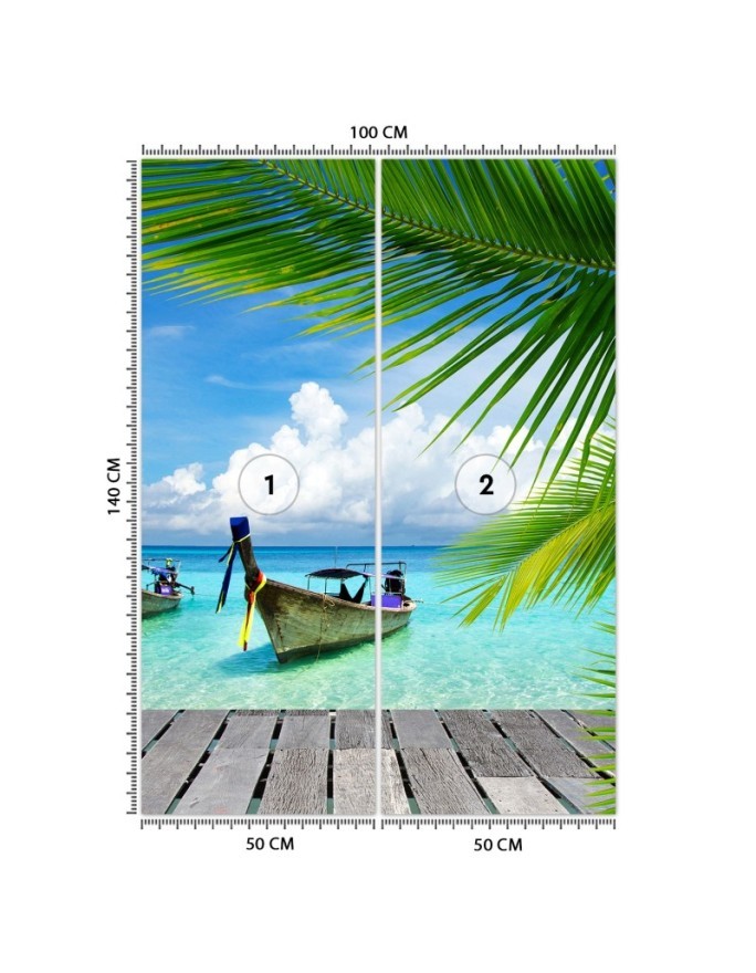 Egzotyczne fototapety - Łódka tropikalna plaża palmy | FEEBY