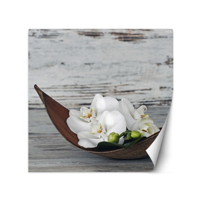 Stylowe fototapety - Kwiaty białej orchidei na tle starej deski | FEEBY