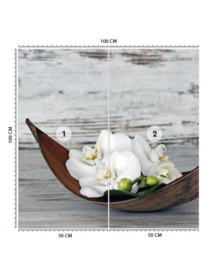 Stylowe fototapety - Kwiaty białej orchidei na tle starej deski | FEEBY