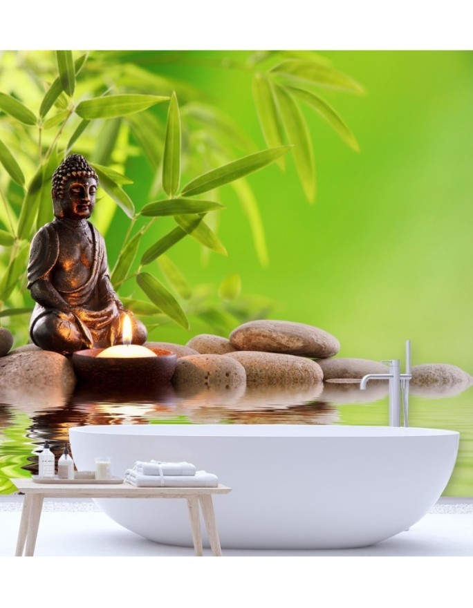 Fototapety do salonu spa gabinetu - Budda świeczka i kamienie zen | FEEBY
