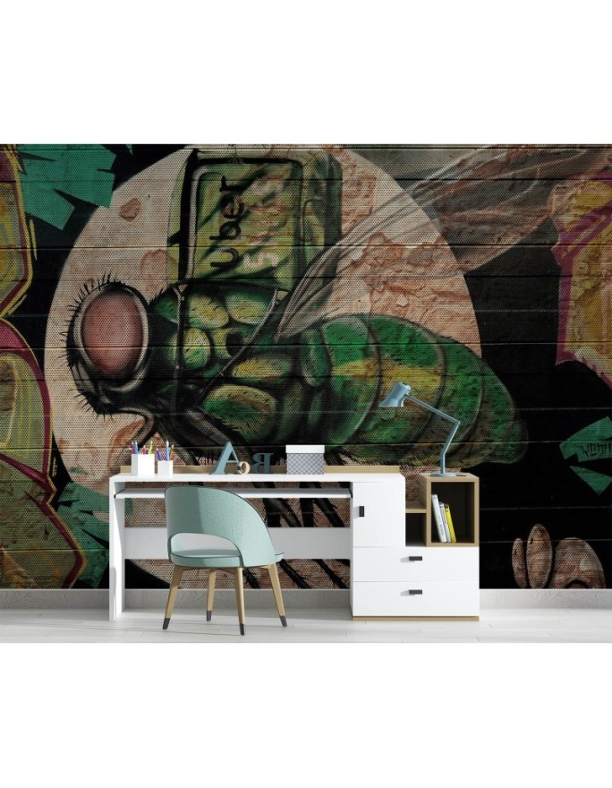 Fototapeta - Zielona mucha i księżyc graffiti na ścianie | FEEBY