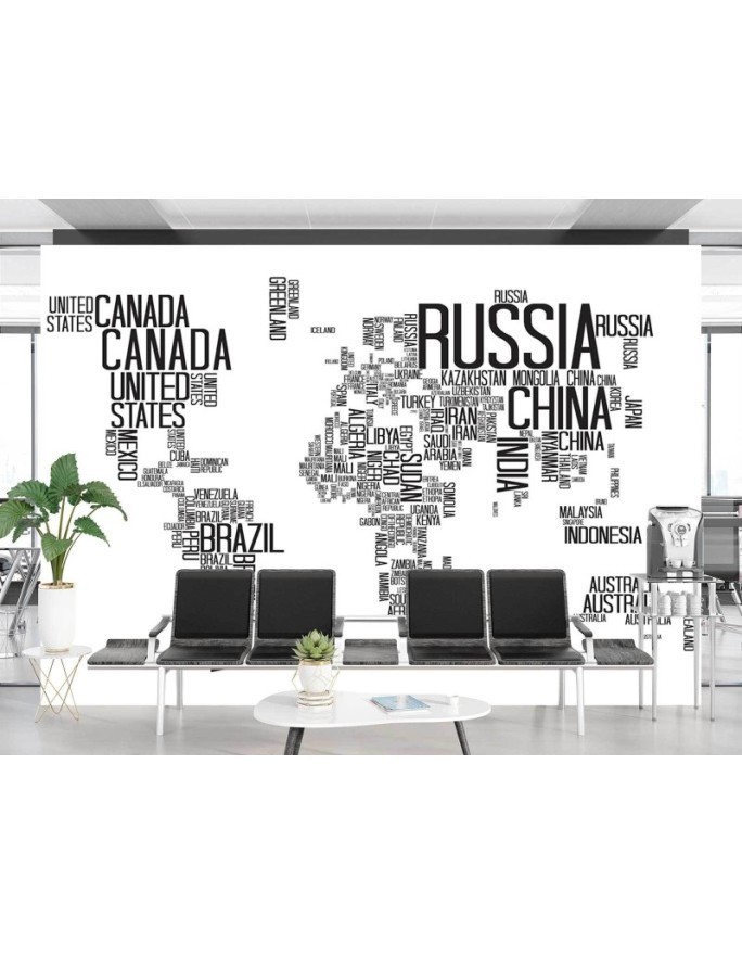 Fototapeta - Mapa świata czarno białe napisy styl skandynawski | FEEBY