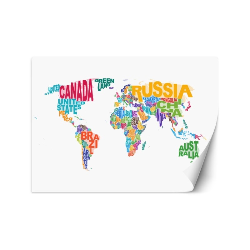 Inspirujące fototapety - Mapa świata kolorowe napisy | FEEBY