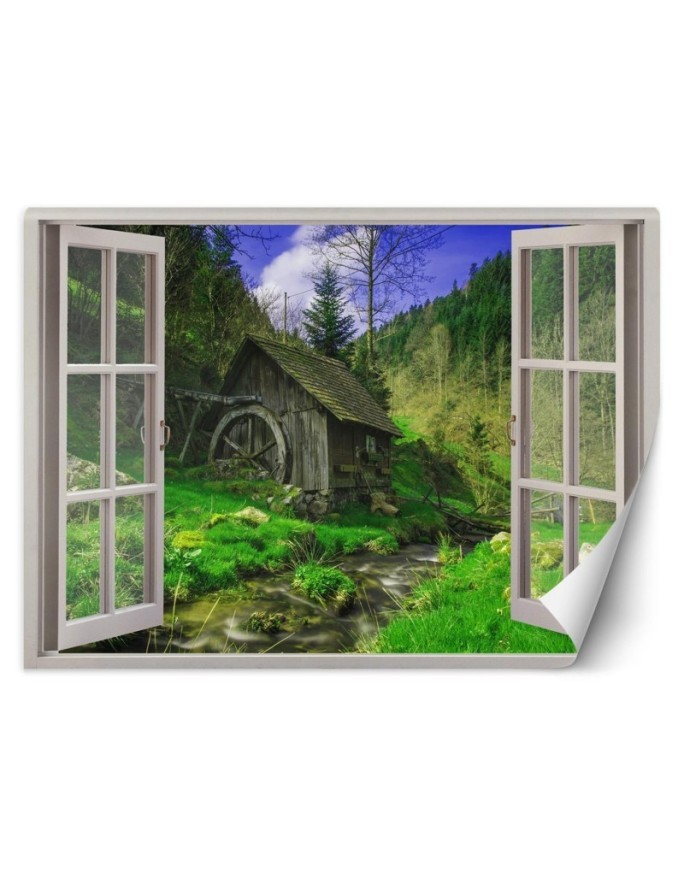 Najmodniejsze fototapety - Widok z okna domek w górach potok | FEEBY