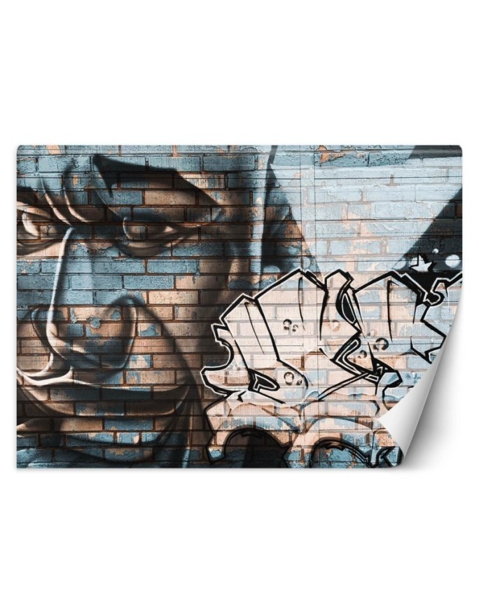 Fototapeta - Niebieska twarz mężczyzny mural na cegle | FEEBY