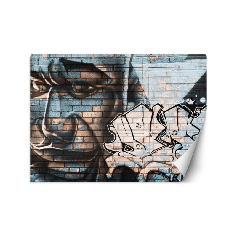 Fototapeta - Niebieska twarz mężczyzny mural na cegle | FEEBY
