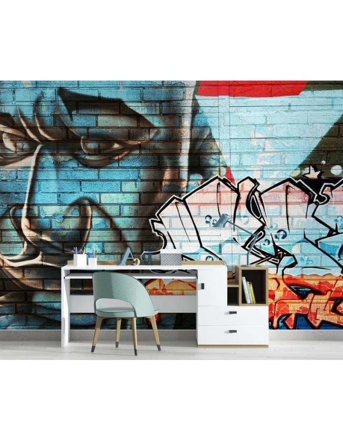 Nowoczesna fototapeta - Graffiti na murze niebieska twarz | FEEBY