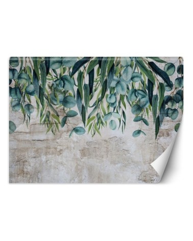 Exotic Wallpaper - Green pastel leaves on concrete | FEEBY