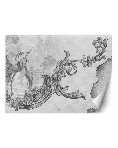 Wall mural - Wild birds and leaves on oriental fresco black and white | FEEBY