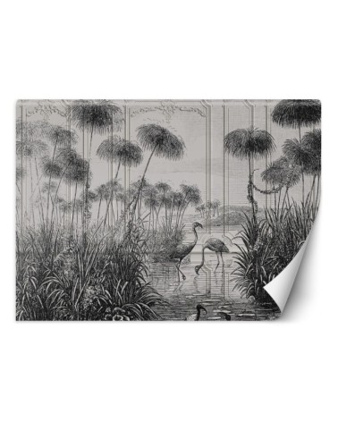 Unique wall mural - Birds cranes grass pond grey | FEEBY