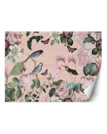 Modern Wallpaper - Birds in flowers dark pink Andrea Haase | FEEBY