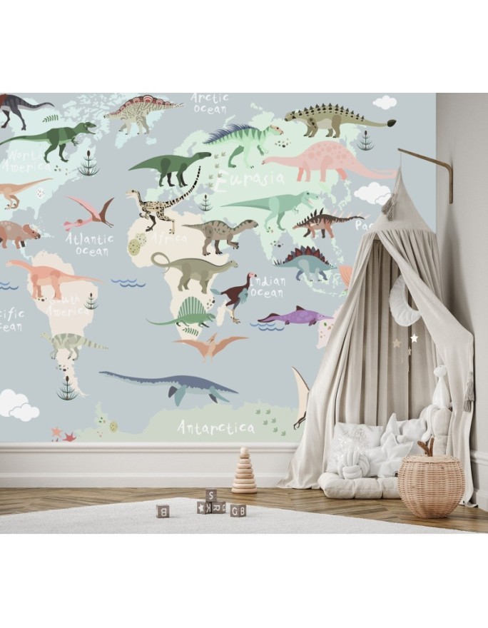 Fototapeta dla chłopca i dziewczynki - Pastelowa mapa dinozaurów | FEEBY