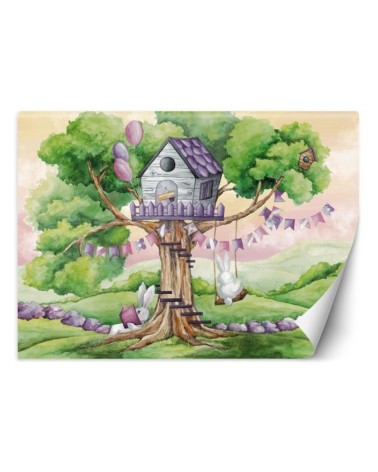 Children's wall mural - White rabbits hut in the tree | FEEBY