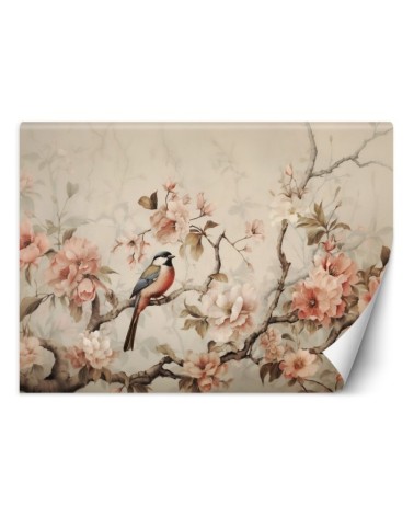 Wallpaper for living room - Bird on a branch and flowers | FEEBY