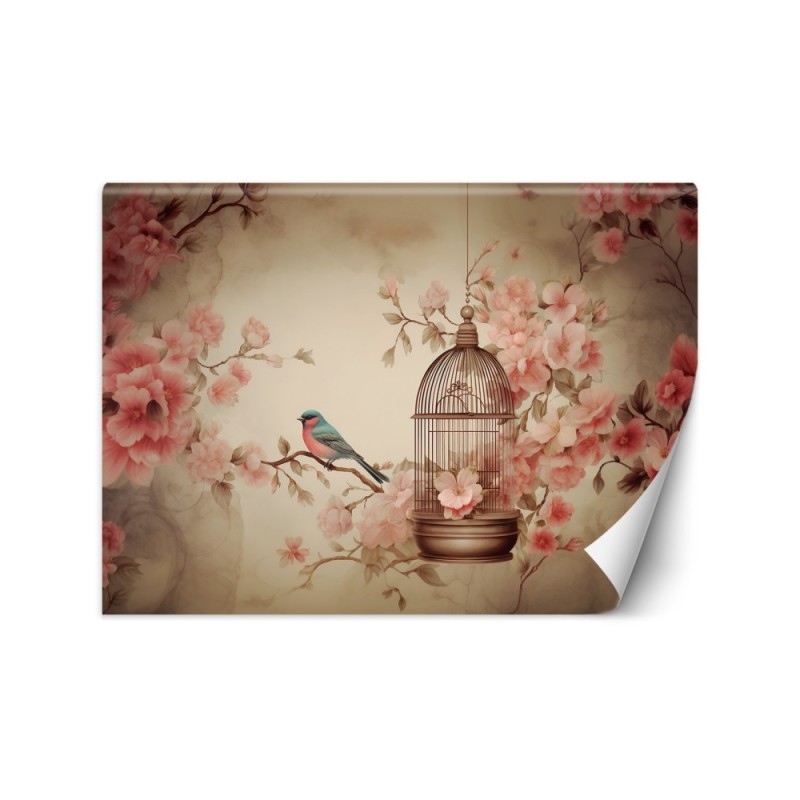 Photo wallpaper for living room - Bird on a branch vintage | FEEBY