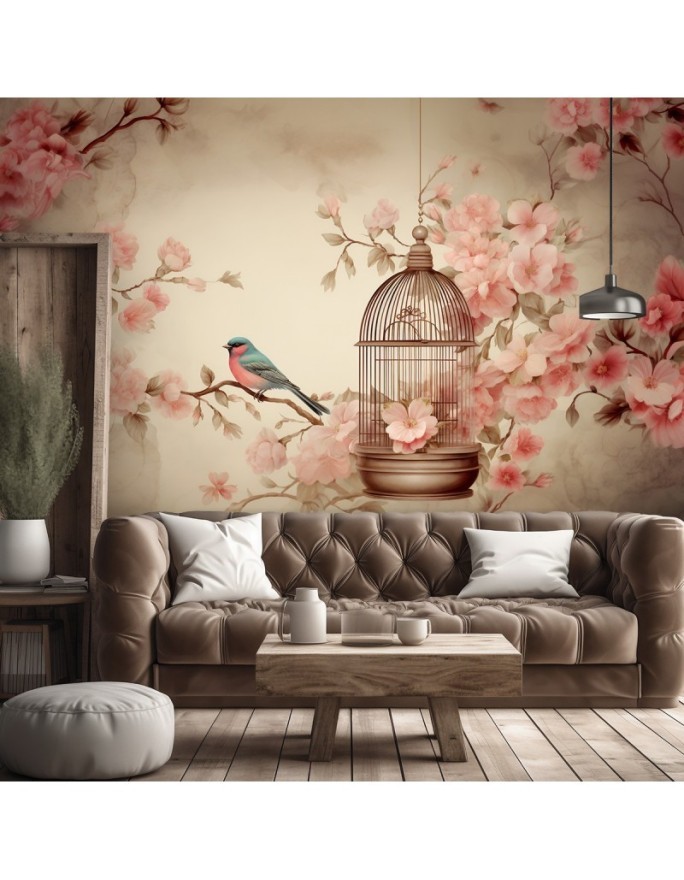 Photo wallpaper for living room - Bird on a branch vintage | FEEBY