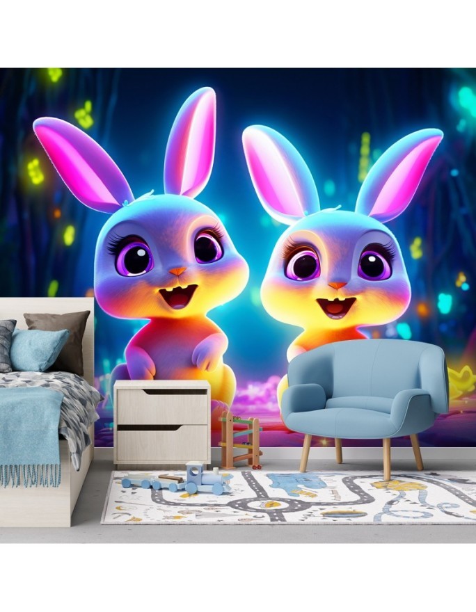 Children's room wall mural - Bunnies neon | FEEBY