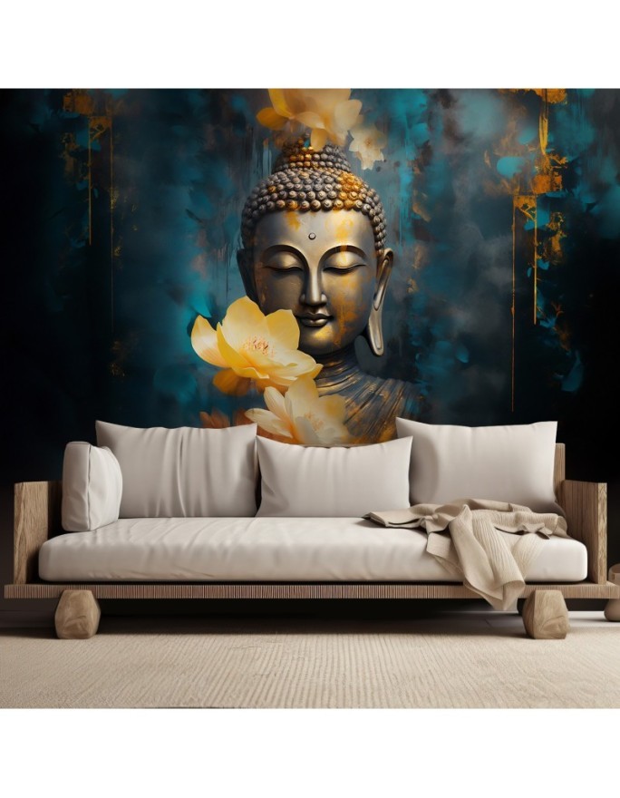 Fototapeta do salonu - Feng Shui budda i złote kwiaty | FEEBY