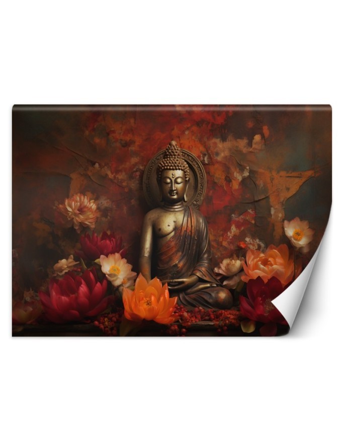 Nowoczesna fototapeta - Medytujący Budda i kolorowe kwiaty | FEEBY