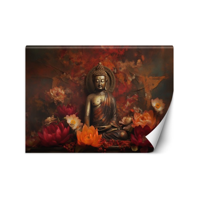Nowoczesna fototapeta - Medytujący Budda i kolorowe kwiaty | FEEBY