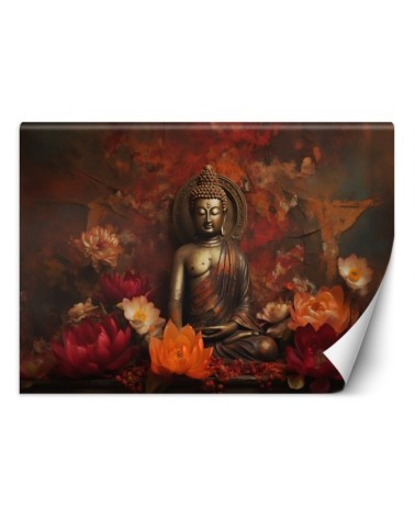 Nowoczesna fototapeta - Medytujący Budda i kolorowe kwiaty | FEEBY