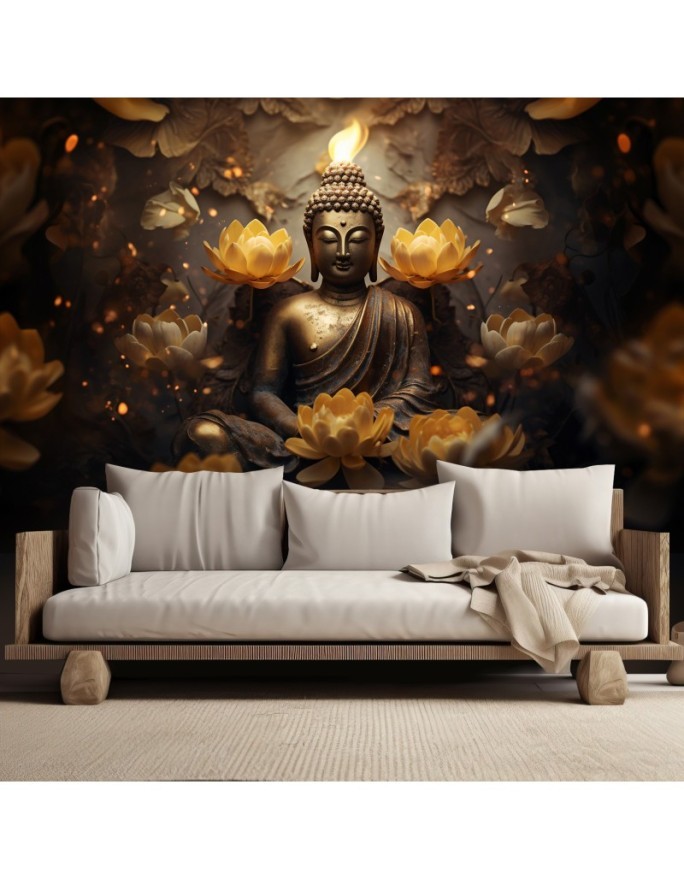 Fototapeta do salonu - Złoty Budda i kwiaty lotosu | FEEBY
