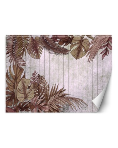 Living room mural - Tropical monstera leaves on plank | FEEBY