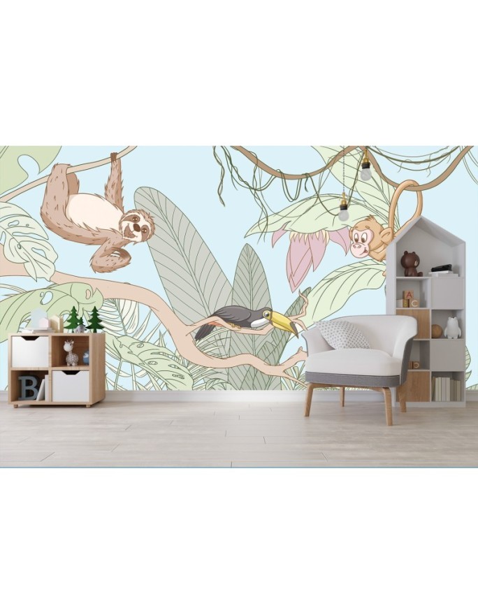 Fototapeta dla dzieci - Tropikalne pastelowe zwierzęta w dżungli | FEEBY