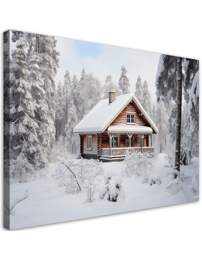 Modernes Wandbild - Hütte im Wald Winter | Feeby