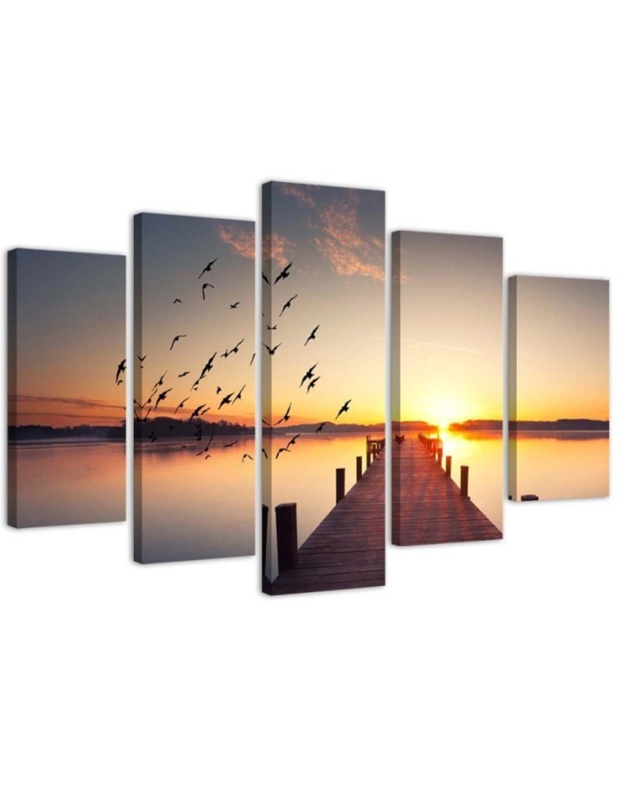 Leinwandbild - Steg Vögel Sonnenuntergang | Feeby