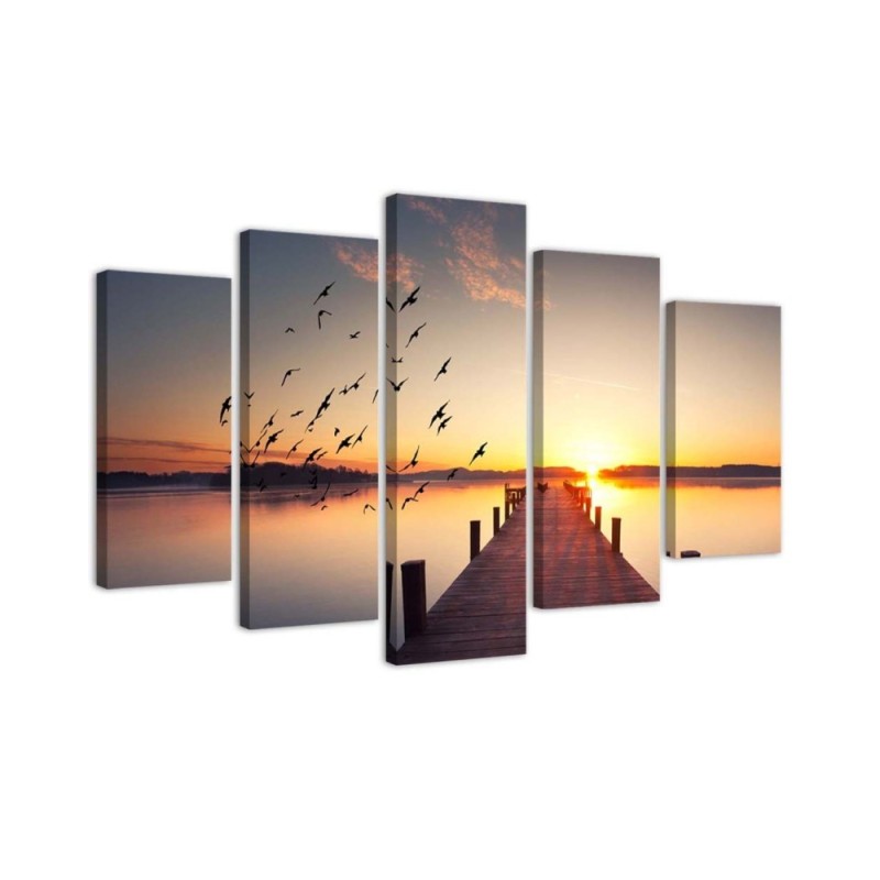 Leinwandbild - Steg Vögel Sonnenuntergang | Feeby