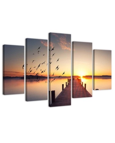 Leinwandbild - Steg Vögel Sonnenuntergang | Feeby