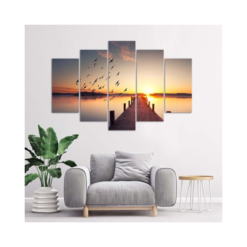 Leinwandbild - Steg Vögel Sonnenuntergang | Feeby