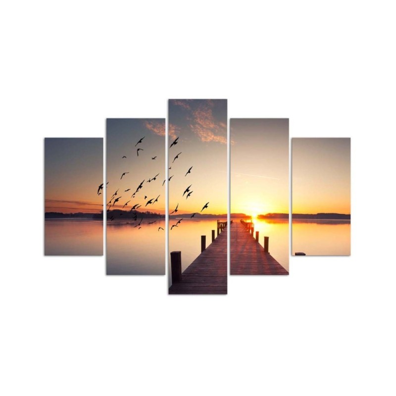 Leinwandbild - Steg Vögel Sonnenuntergang | Feeby