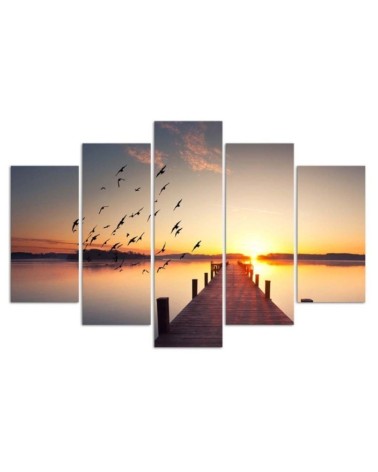 Leinwandbild - Steg Vögel Sonnenuntergang | Feeby