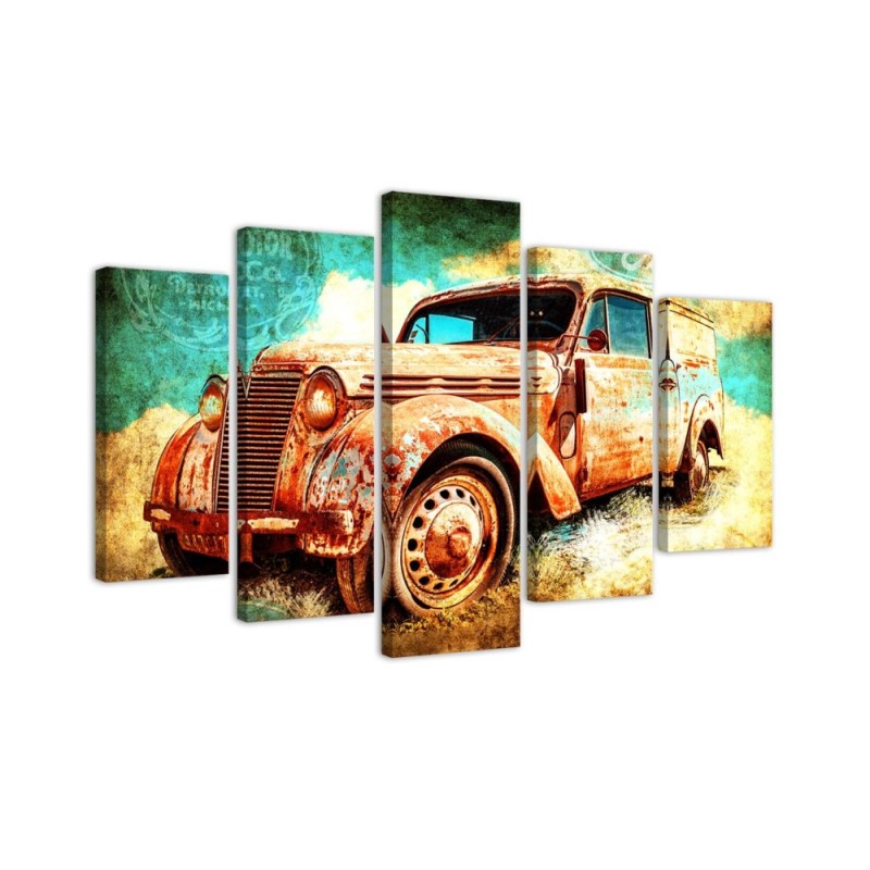 Canvas print 5 Piece Retro rusty old car for office, living room | FEEBY