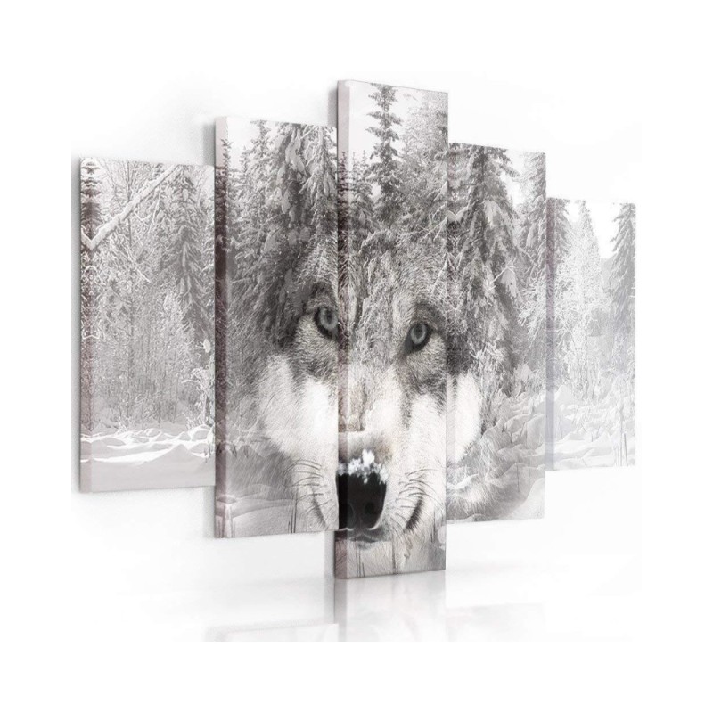 Wandbild für Wohnzimmer - Wolf Wald Tier Grau | Feeby