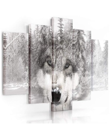 Wandbild für Wohnzimmer - Wolf Wald Tier Grau | Feeby