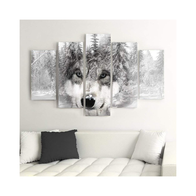 Wandbild für Wohnzimmer - Wolf Wald Tier Grau | Feeby