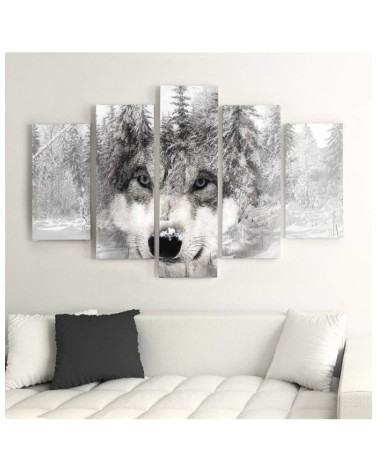Wandbild für Wohnzimmer - Wolf Wald Tier Grau | Feeby