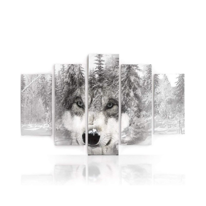 Wandbild für Wohnzimmer - Wolf Wald Tier Grau | Feeby