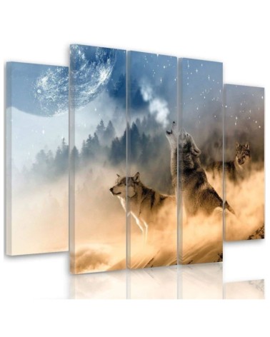 Canvas print 5 parts Wolves in the fog modern landscape | FEEBY