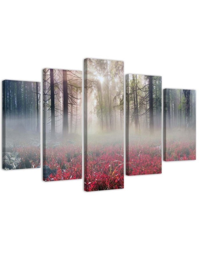 Bild auf Leinwand - Nebel Wald Lichtung Blumen | Feeby