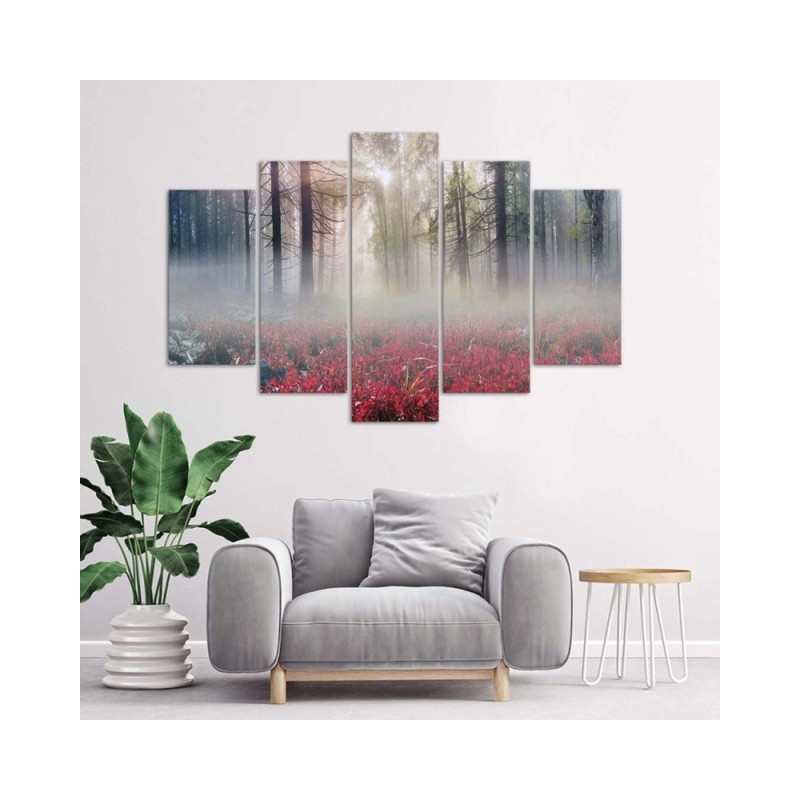 Bild auf Leinwand - Nebel Wald Lichtung Blumen | Feeby