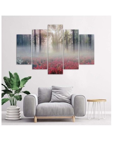Bild auf Leinwand - Nebel Wald Lichtung Blumen | Feeby