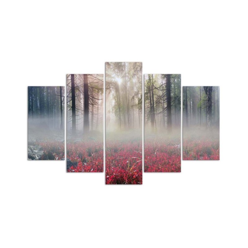 Bild auf Leinwand - Nebel Wald Lichtung Blumen | Feeby