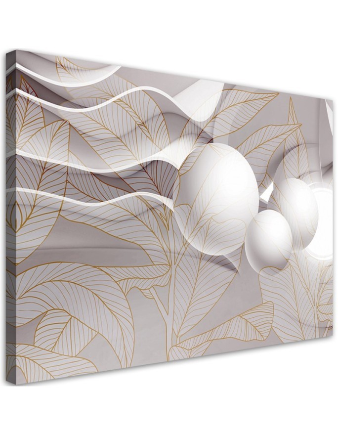 Leinwandbild - Goldene Blätter und 3D Kugeln | Feeby