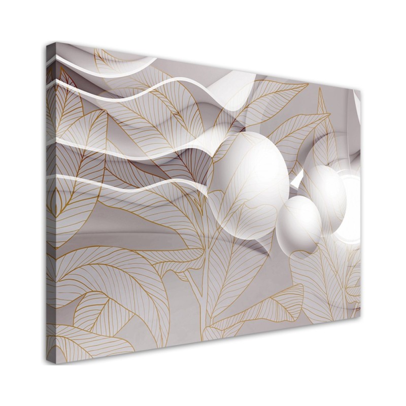 Leinwandbild - Goldene Blätter und 3D Kugeln | Feeby