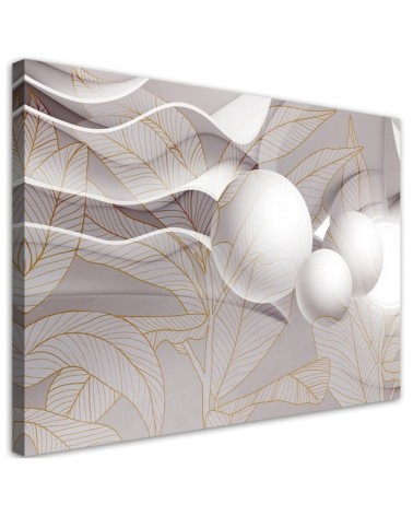 Leinwandbild - Goldene Blätter und 3D Kugeln | Feeby